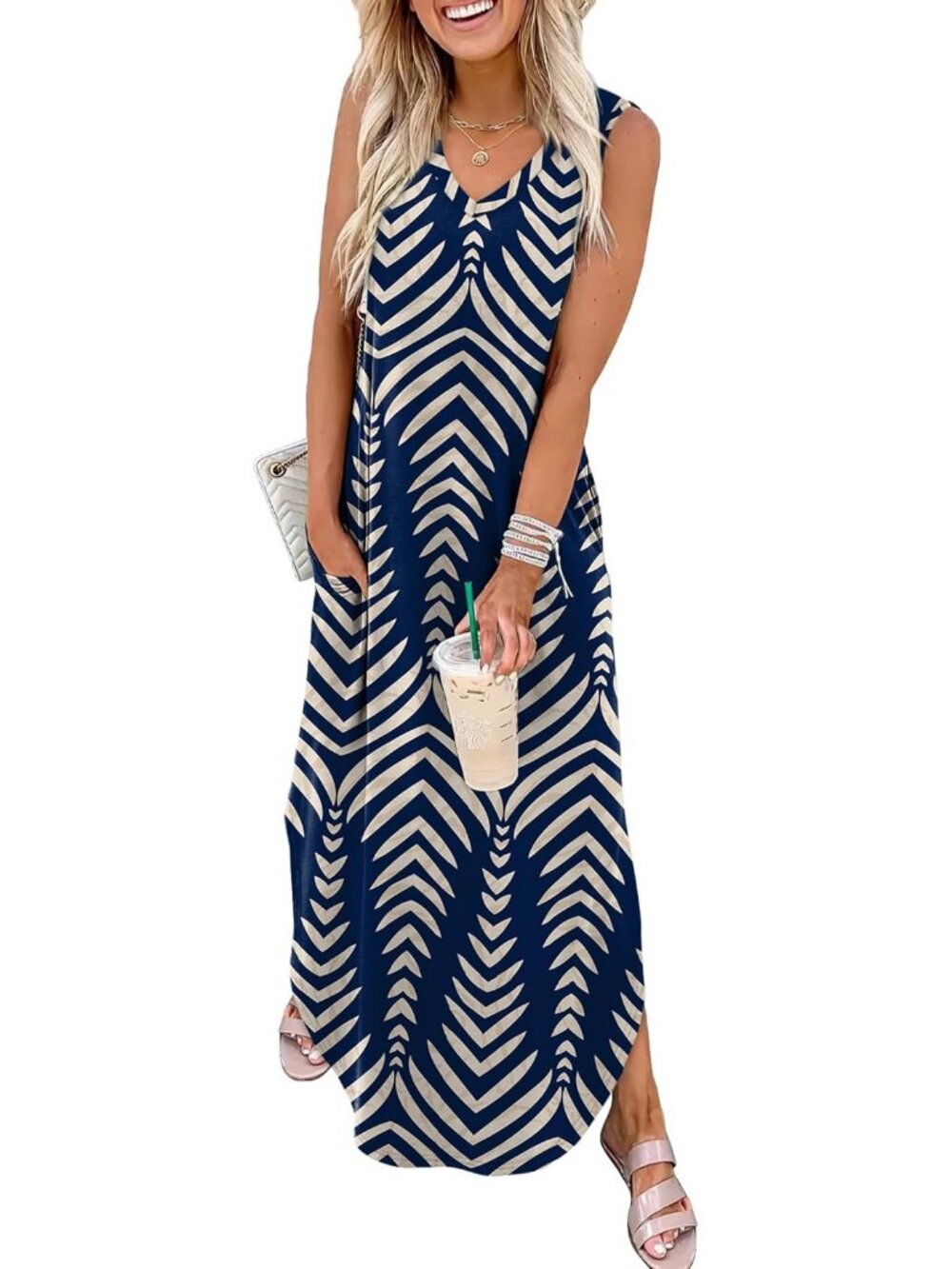 Women's Floral Navy Blue Stripes Summer Maxi Dress Beach Sundress with Pocket